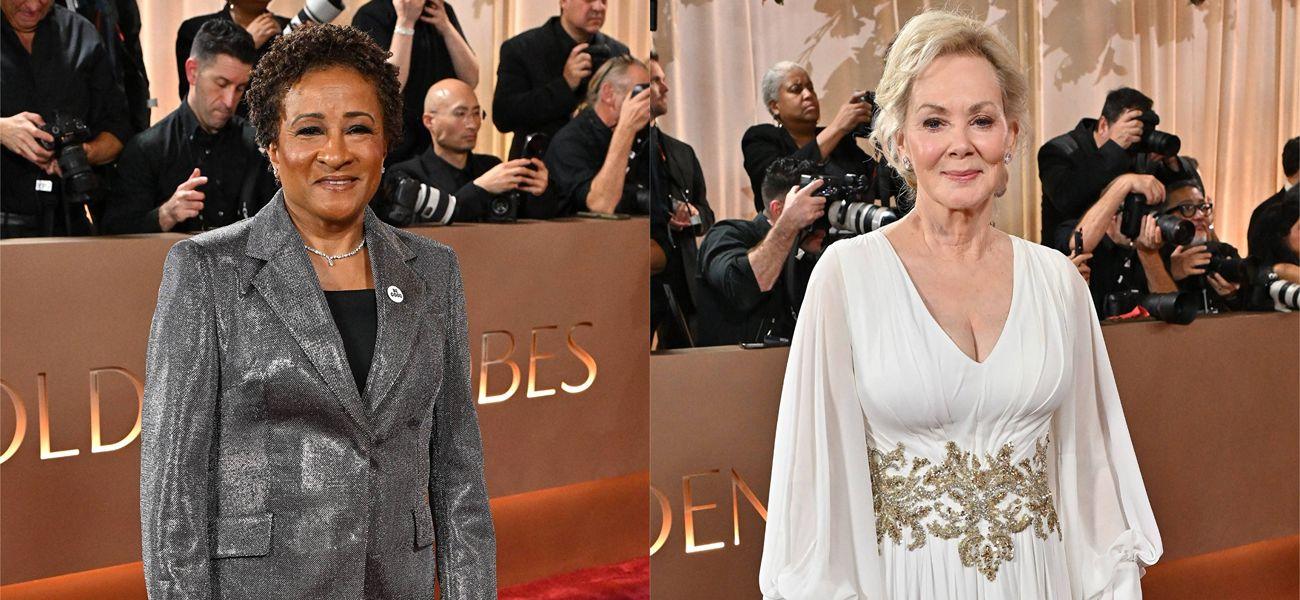 A photo collage of Wanda Sykes and Jean Smart on the red carpet at the 83rd Annual Golden Globe Awards