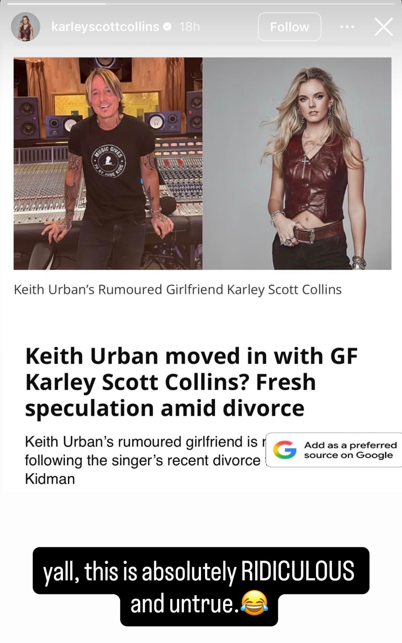Karley Scott Collins breaks silence on alleged cohabiting with Keith Urban