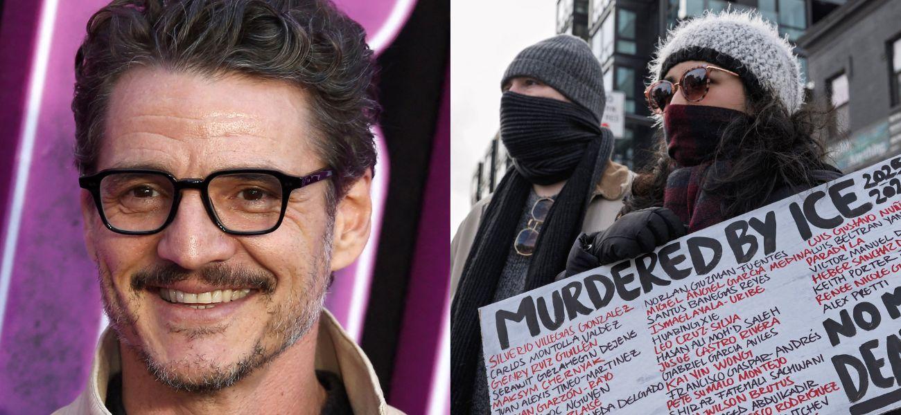 Pedro Pascal (left) ICE protest (right)
