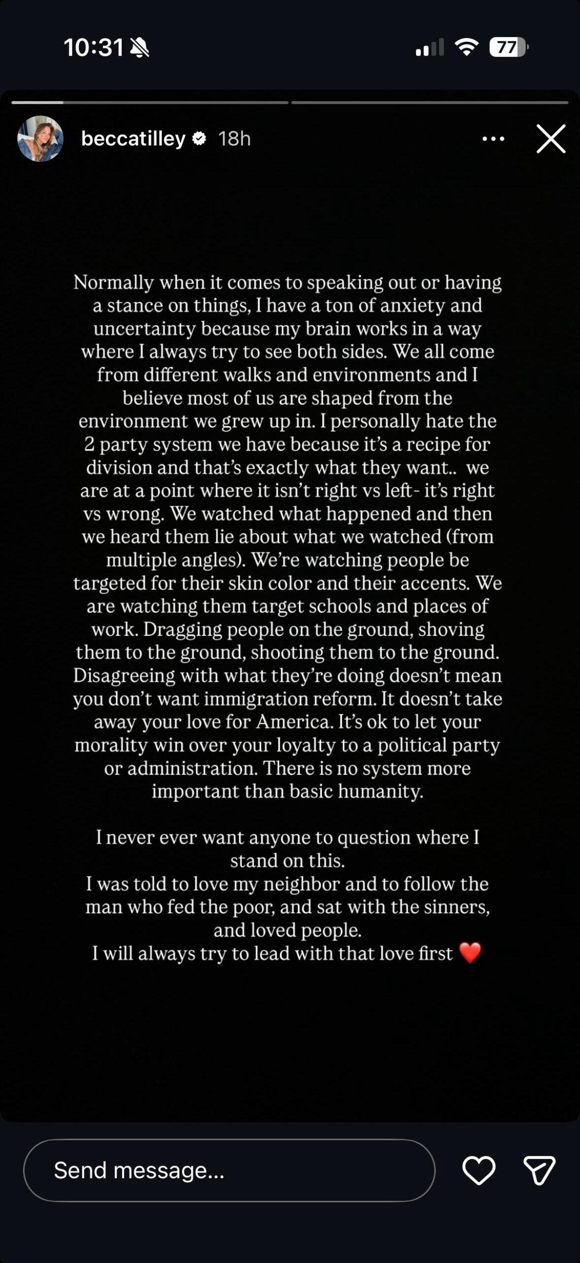 Becca Tilley posta sobre ICE no Instagram