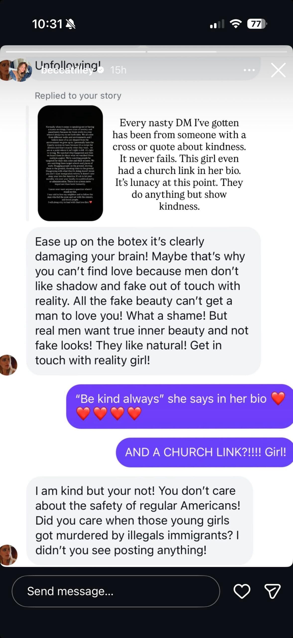 Becca Tilley compartilha mensagens diretas que recebeu após postar sobre ICE no Instagram