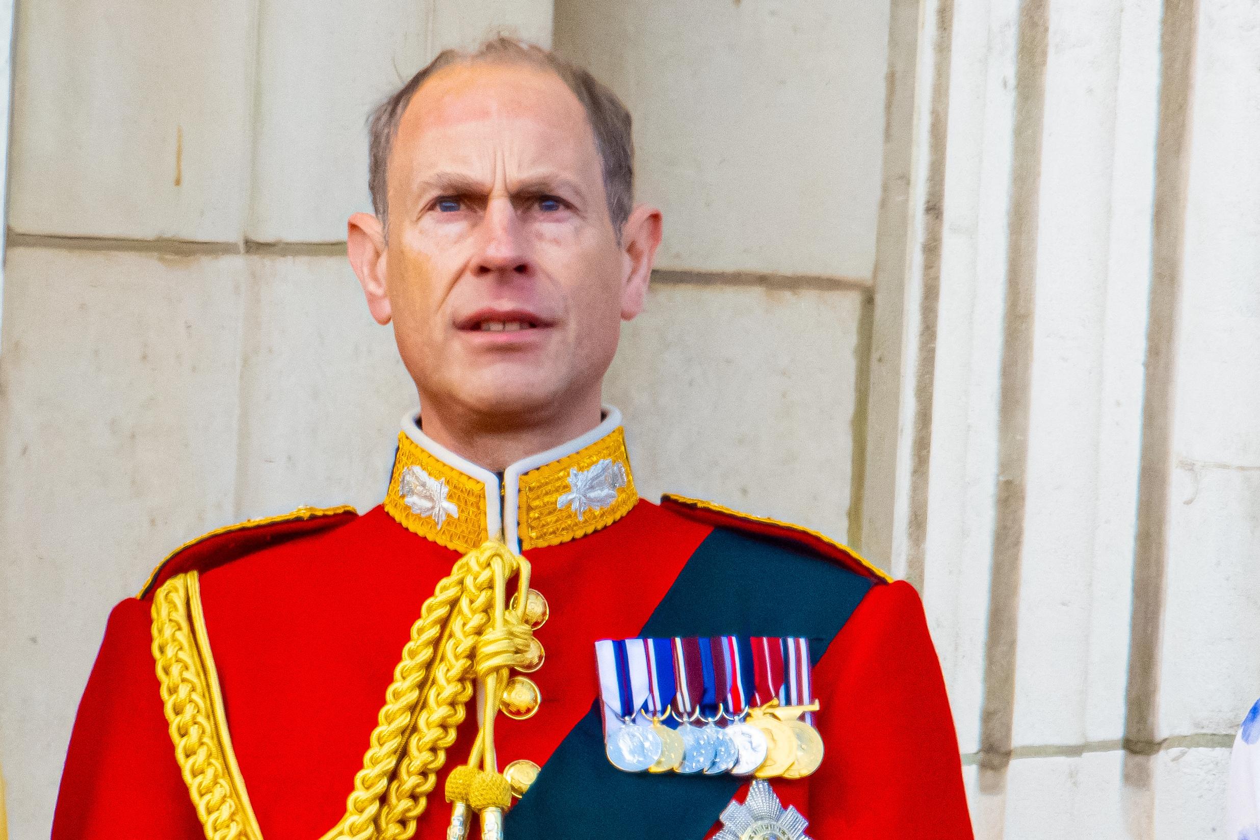 Prince Edward Duke of Edinburgh during appearance on the Buckingham Palace balcony to watch the flypast during Trooping the Colour 2024 ceremony