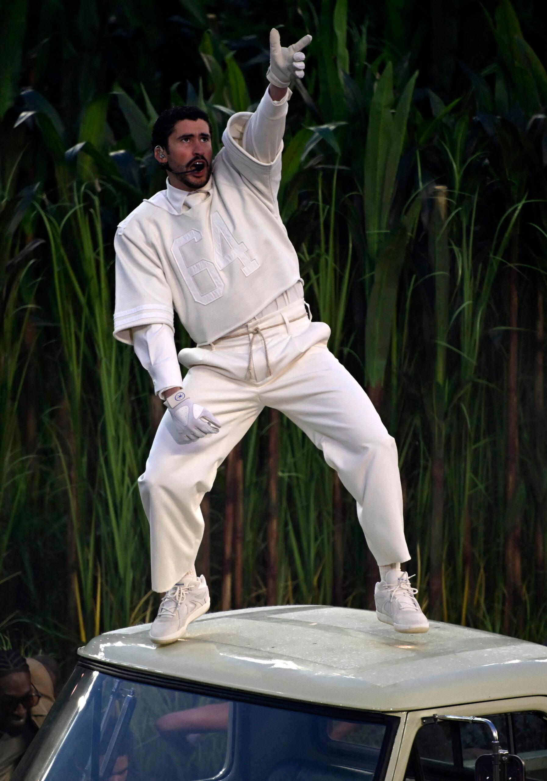 Bad Bunny performing during the Super Bowl halftime show. 