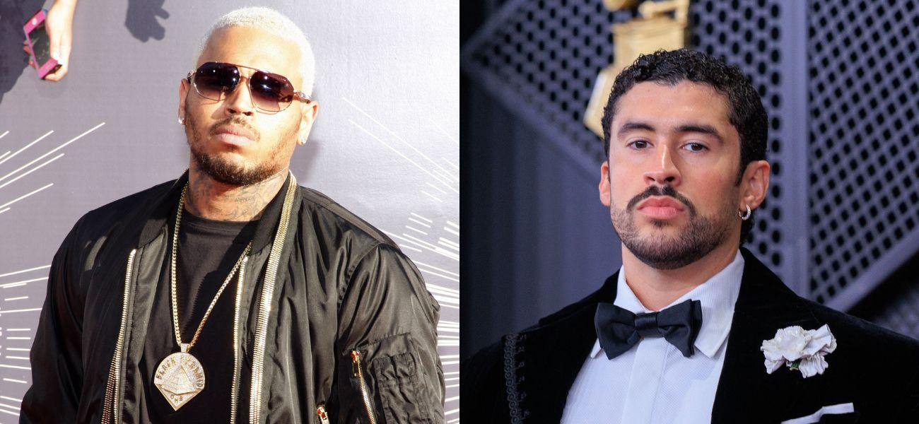 Photo collage of Chris Brown and Bad Bunny.