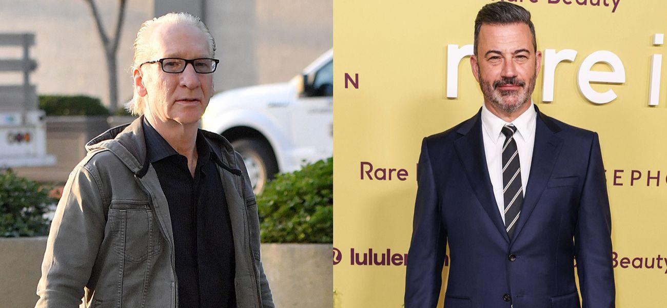 A photo collage of Bill Maher and Jimmy Kimmel