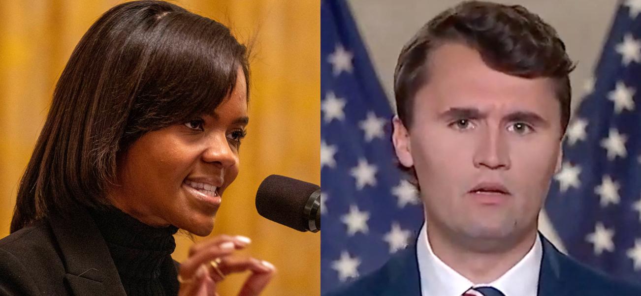 A photo collage of Candace Owens and Charlie Kirk