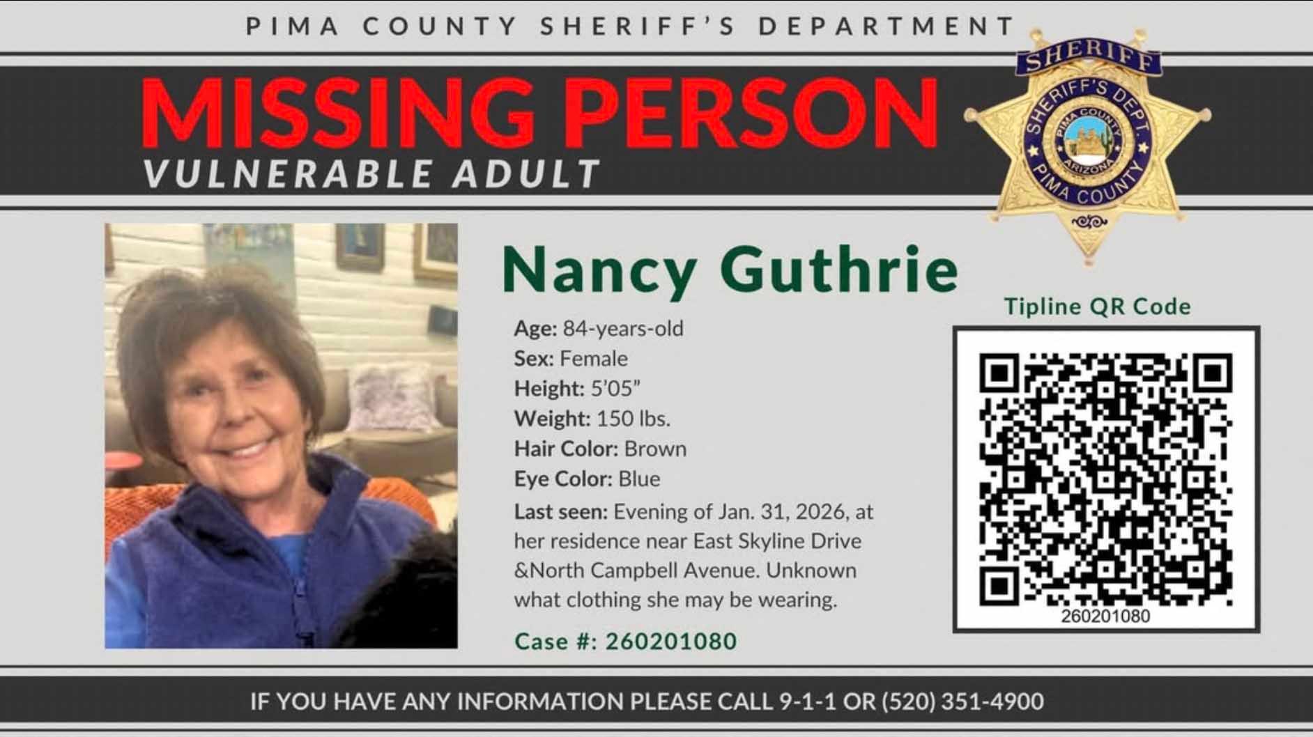 The Pima County Sheriff's Department alery for Nancy Guthrie, mother of Today show co-host Savannah Guthrie