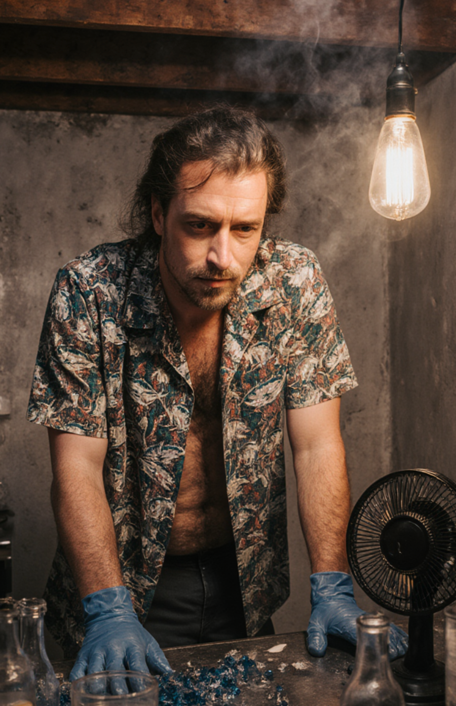 Man standing with his shirt open wearing blue gloves.