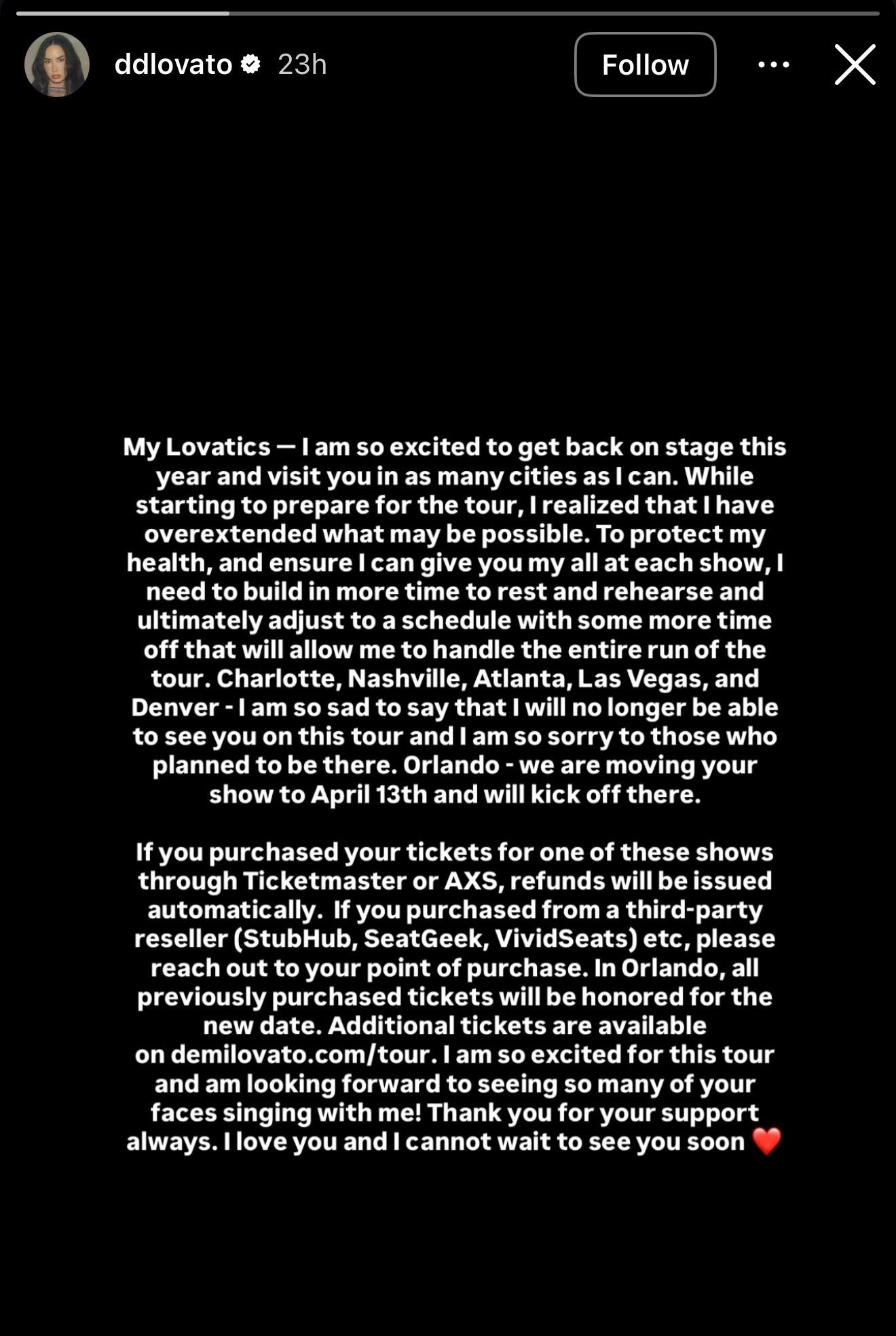Demi Lovato cancels tour dates