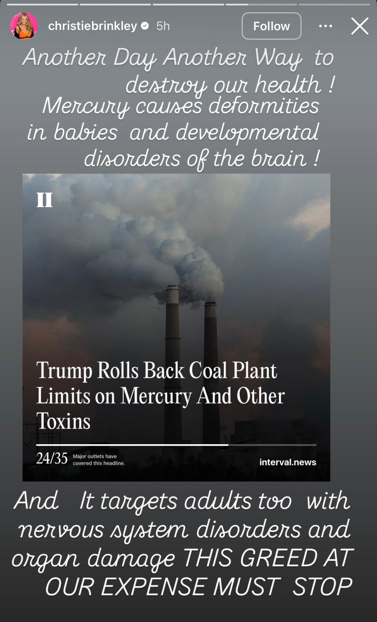 Christie Brinkley's slams Trump's administration's environmental regulations