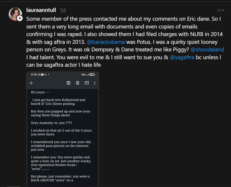 Laura Ann Tull posts on Eric Dane