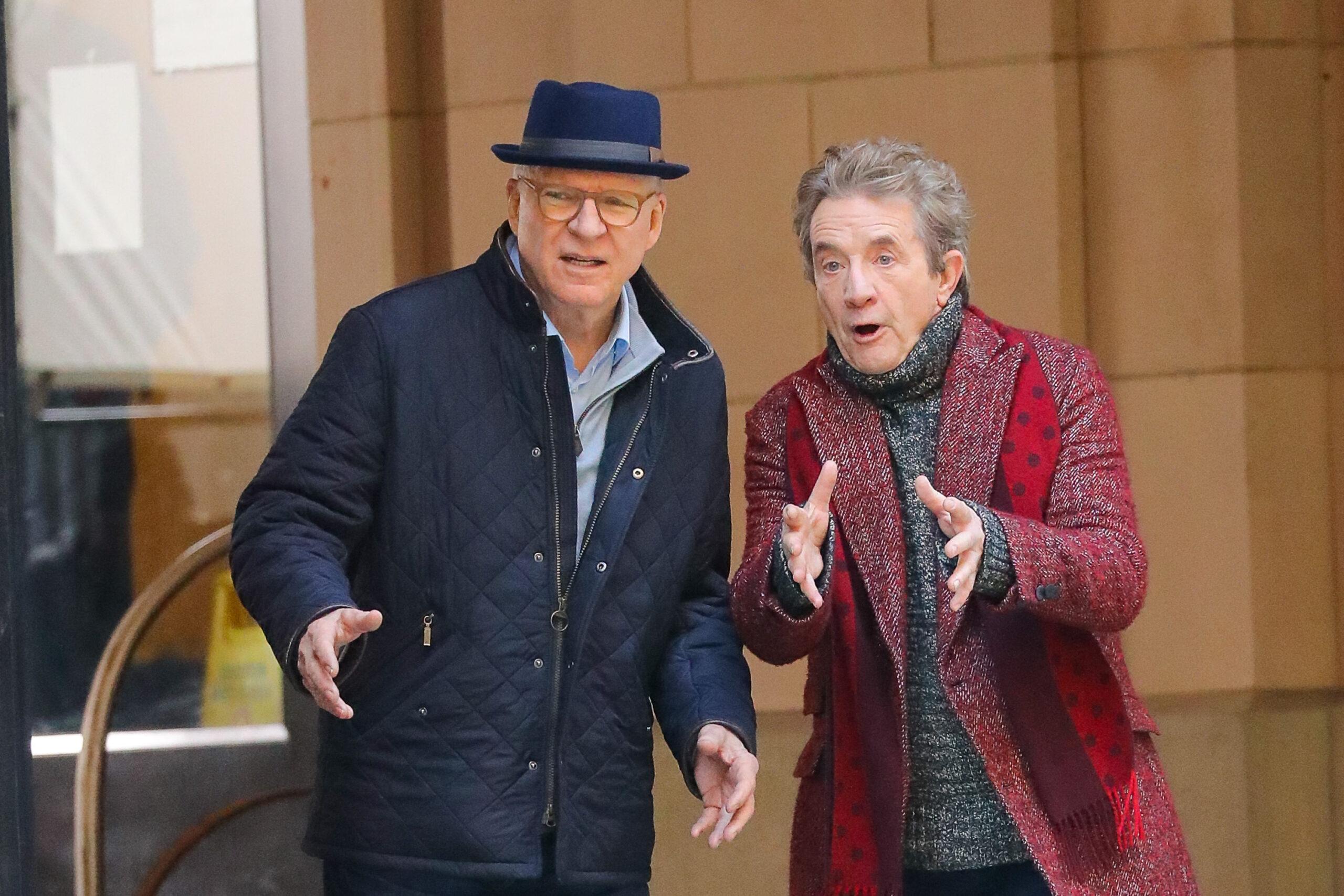 Martin Short and Steve Martin are all smiling while posing for the photographers in NYC on Feb 24, 2021