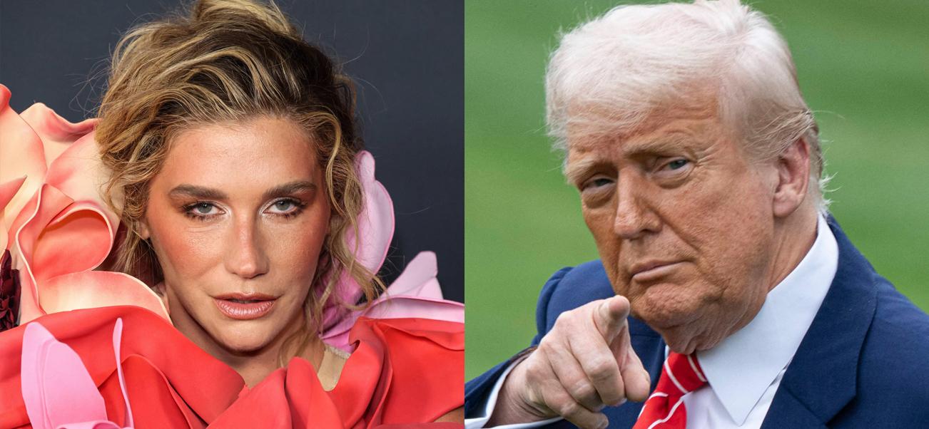 A photo collage of Kesha and Donald Trump