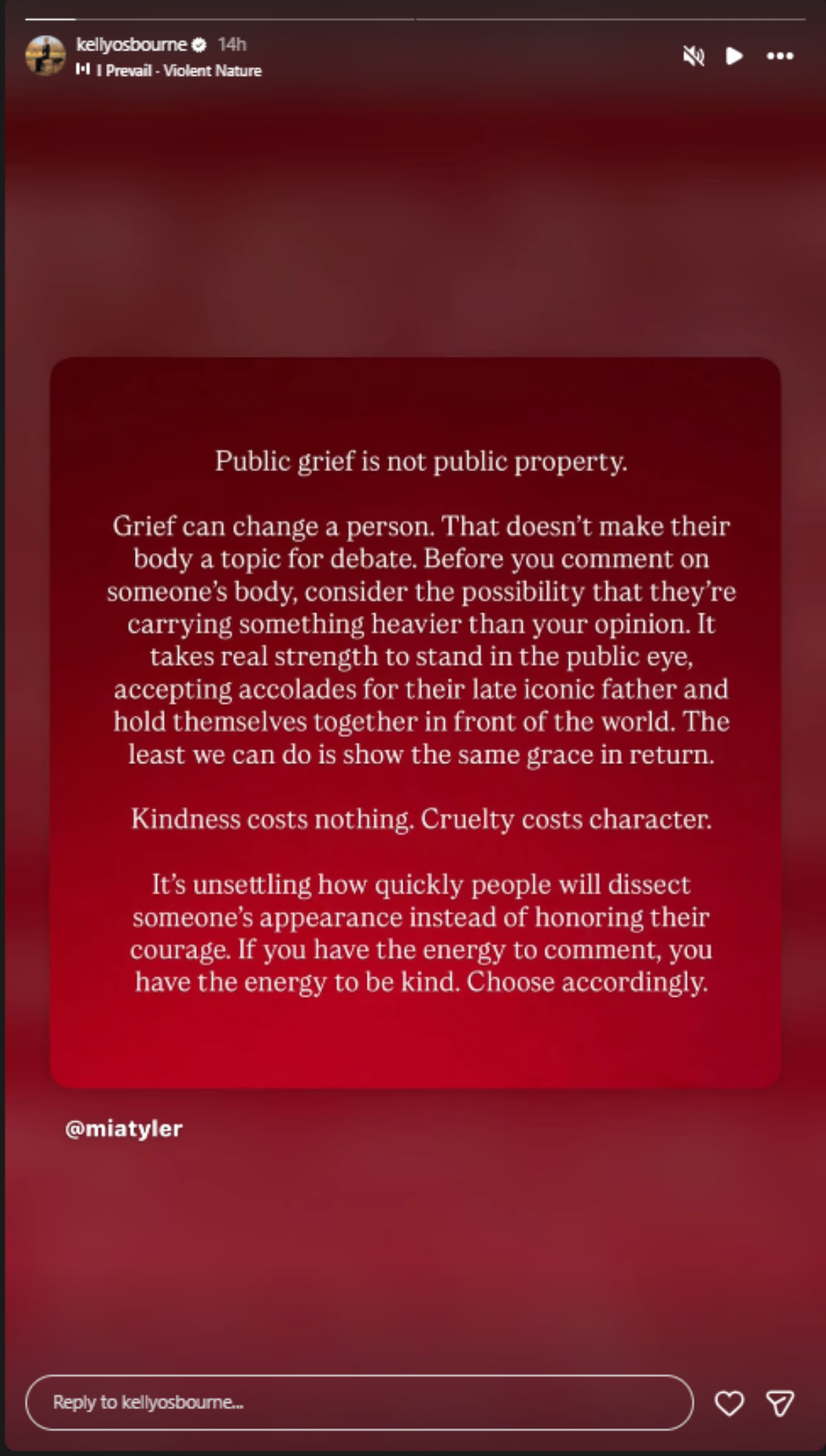 Kelly Osbourne reposts Mia's Story