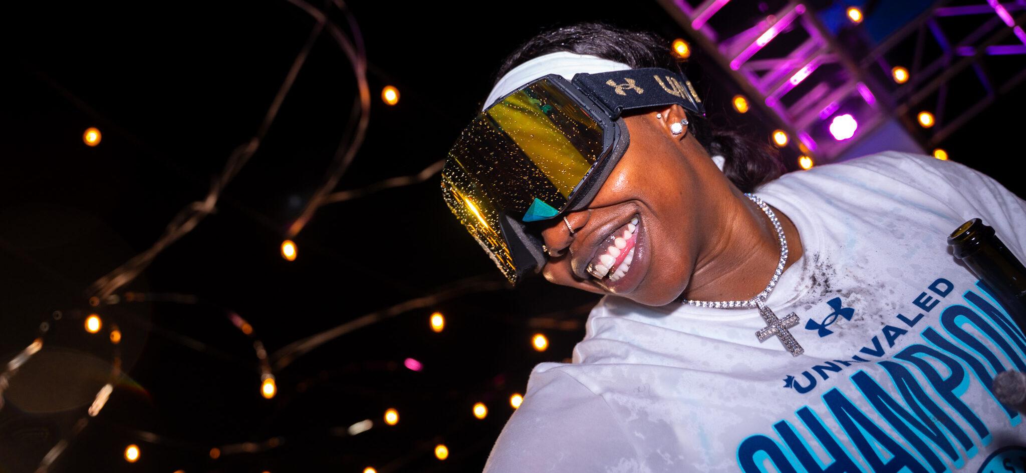 Arike Ogunbowale celebrating Unrivaled championship.