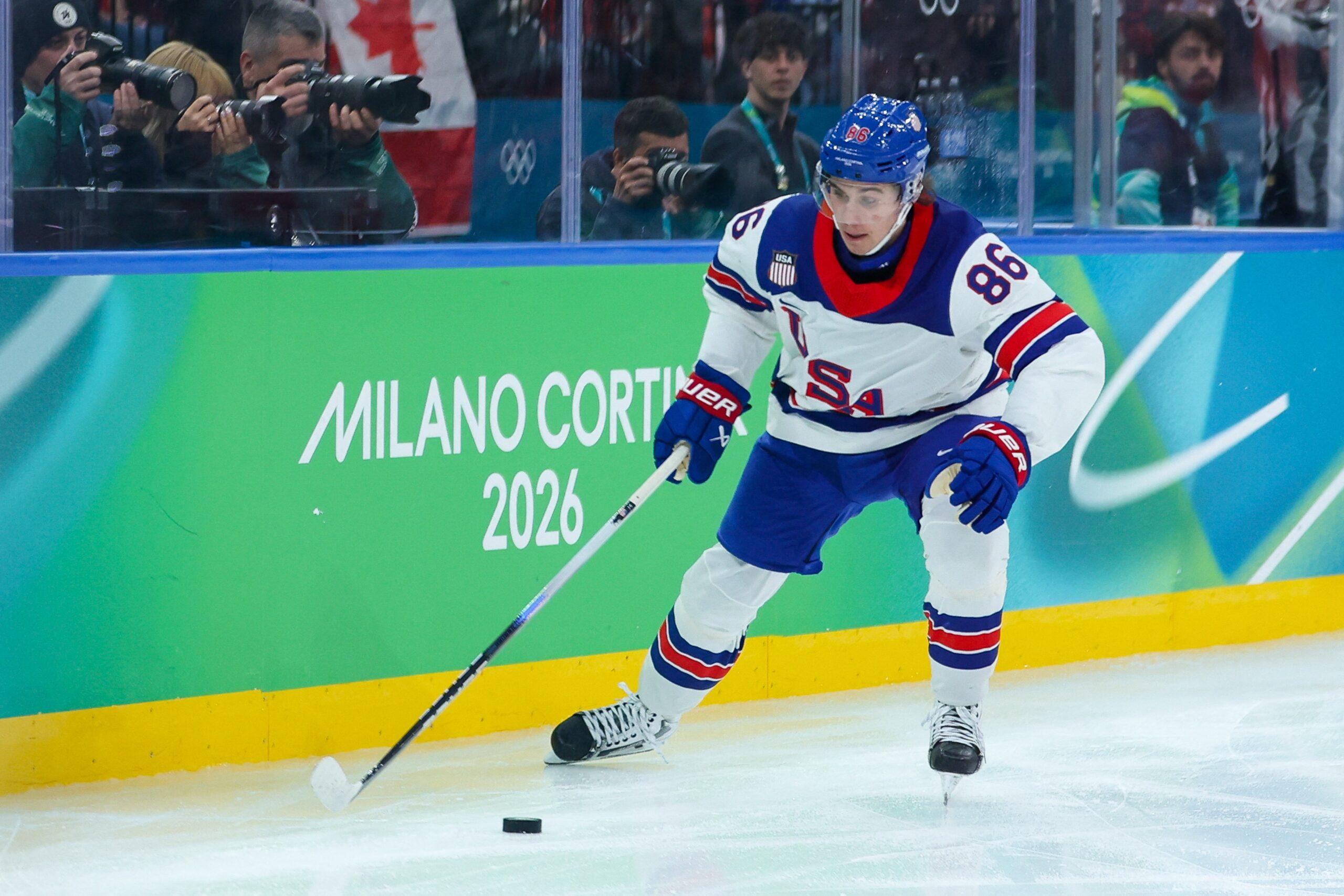 Jack Hughes on the ice at olympics gold medal game