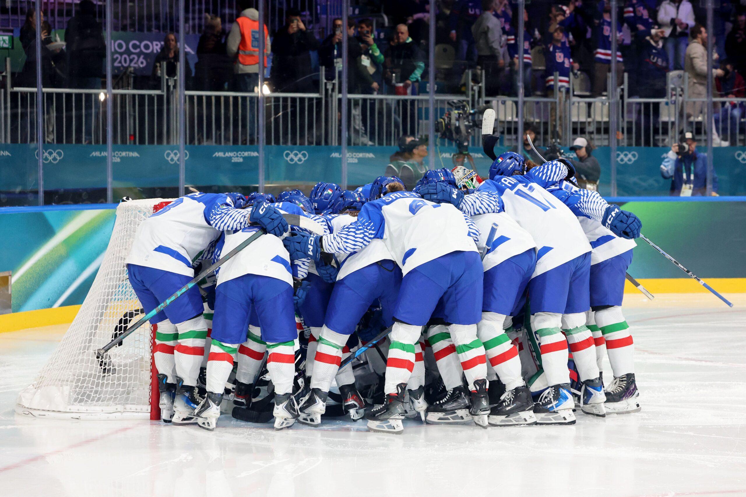 Women's hockey team huddling at 2026 olympics