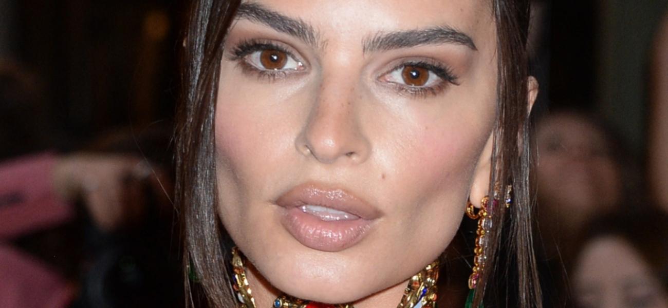 Emily Ratajkowski mostra uma tanga feita inteiramente de linhas bronzeadas