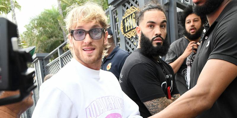 Floyd Mayweather and Logan Paul and their entourages arrive to Versace Mansion for a press conference before their big fight in Miami