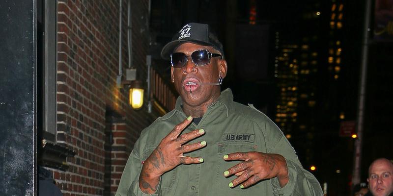Dennis Rodman spotted showing his green nails as arriving at The Late Show with Stephen Colbert in NYC