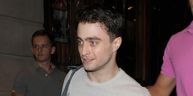 Daniel Radcliffe leaves the Noel Coward Theatre having performed in apos The Cripple Of Inishmaan apos The Harry Potter star was wearing blue trousers a grey t-shirt and black trainers He appeared rather wide eyed and sweaty