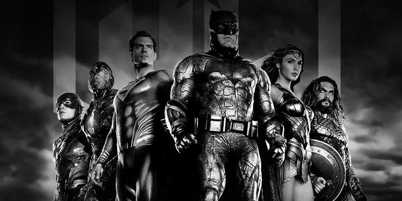 A black and white themed photo showing Zack Snyder's 'Justice League' super heroes