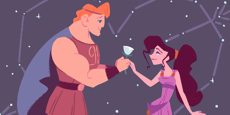 A photo showing Hercules giving Megara a flower.
