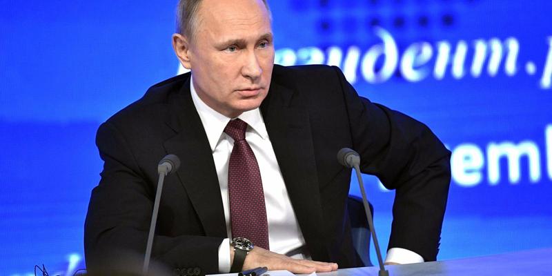The Russian President Vladimir Putin attends the annual press conference in Moscow