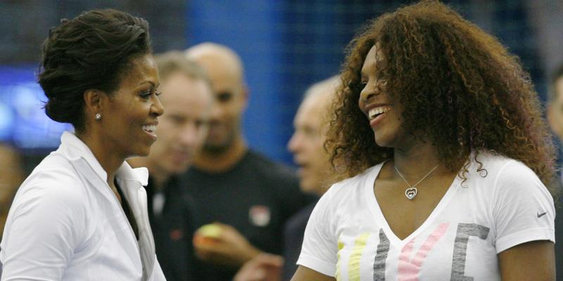 Former First Lady Michelle Obama participated in "Lets Move!" tennis clinic at the U.S. Open in New York with Serena Williams
