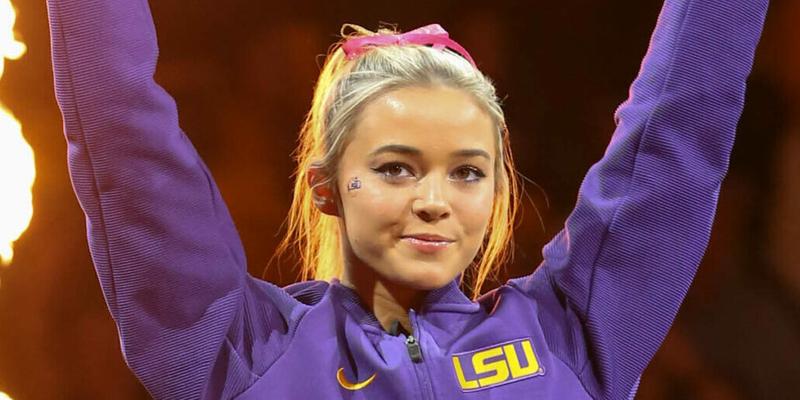 February 05, 2022: LSU's Olivia Dunne is introduced prior to NCAA Gymnastics action between the Auburn Tigers and the LSU Tigers at the Pete Maravich Assembly Center in Baton Rouge, LA. Jonathan Mailhes/CSM(Credit Image: © Jonathan Mailhes/Cal Sport Media) Newscom/(Mega Agency TagID: csmphototwo864831.jpg) [Photo via Mega Agency]