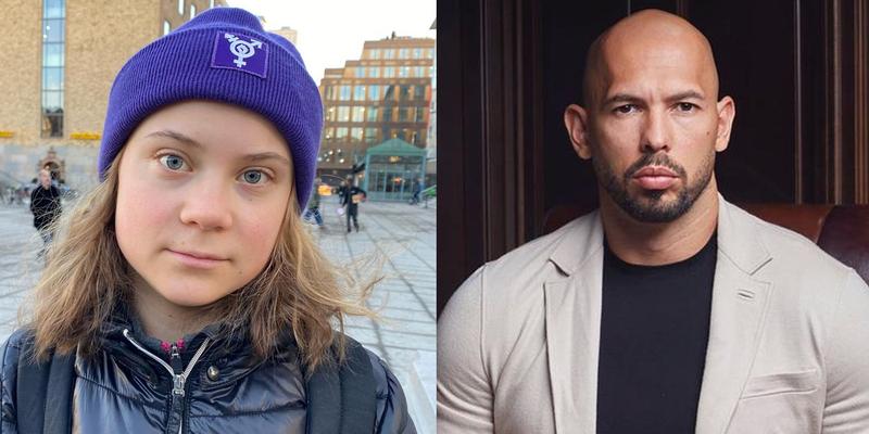 Portraits of Greta Thunberg and Andrew Tate