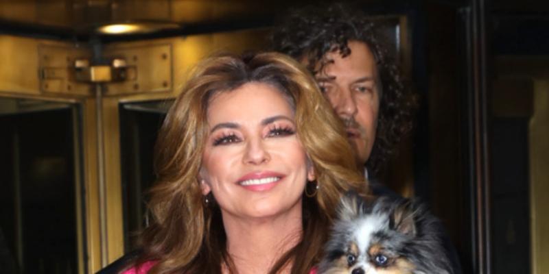 Shania Twain is pretty in pink and carries her pet dog as she leaves The Today Show in NYC