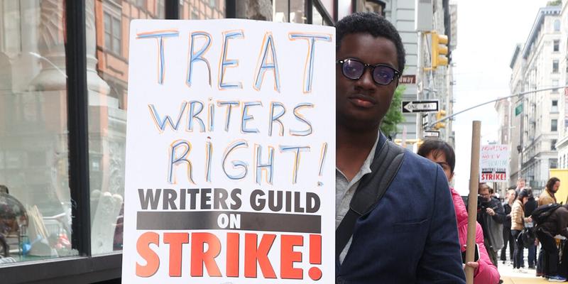 WGA Writers seen picketing in New York City for the Hollywood Strike in hopes to get better wages