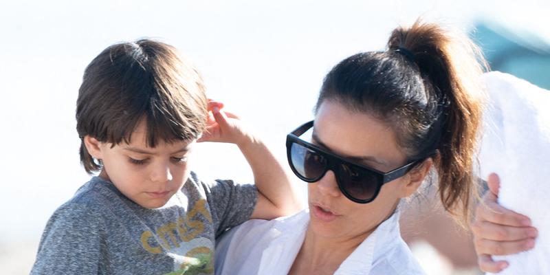 Eva Longoria hits the beach with her husband José Bastón and their 4 year old son Santiago Enrique Bastón while on vacation in Marbella, Spain