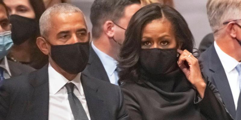 former US President Barack Obama and former first lady Michelle Obama attend the funeral of former US Secretary of State Colin L. Powell at the Washington National Cathedral in Washington, DC