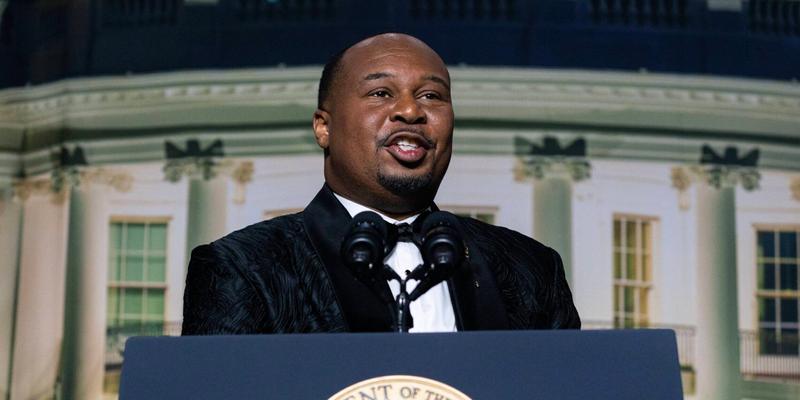 Comedian Roy Wood Jr., speaks during the White House Correspondents' Association (WHCA) dinner in Washington, DC, US, on Saturday, April 29, 2023