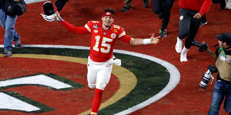 Patrick Mahomes (15) celebrates after he throws the game winning touchdown during NFL Super Bowl 58 LVIII