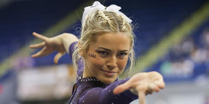 March 8, 2024: LSU's Olivia Dunne competes on the floor during the Purple and Gold Podium Challenge woman's gymnastics quad meet at the Raising Canes River Center in Baton Rouge, LA. Jonathan Mailhes/CSM (Credit Image: © Jonathan Mailhes/Cal Sport Media) Newscom/(Mega Agency TagID: csmphotothree239124.jpg) [Photo via Mega Agency]