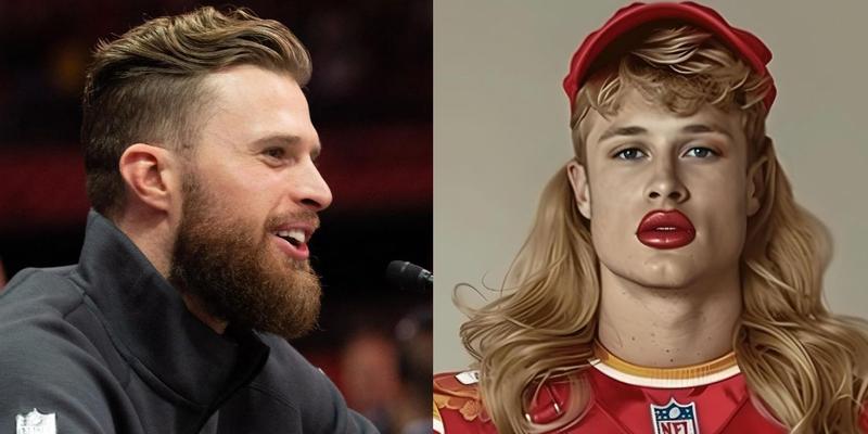 Harrison Butker at a press conference (left) AI-generated photo of Harrison Butker as a drag queen (right)