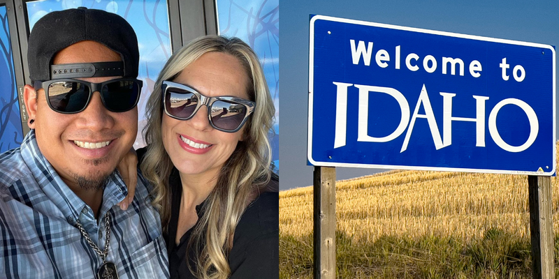 (R) TikTok influencer Coree Ray and her husband. (L) Welcome to Idaho sign