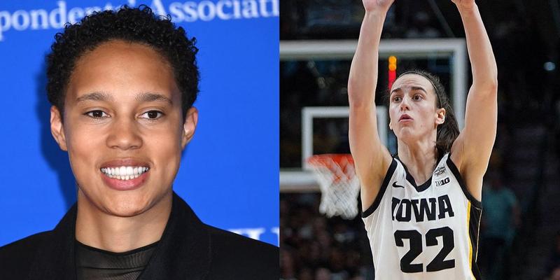 Brittney Griner smiling (left) Caitlin Clark playing basketball (right)