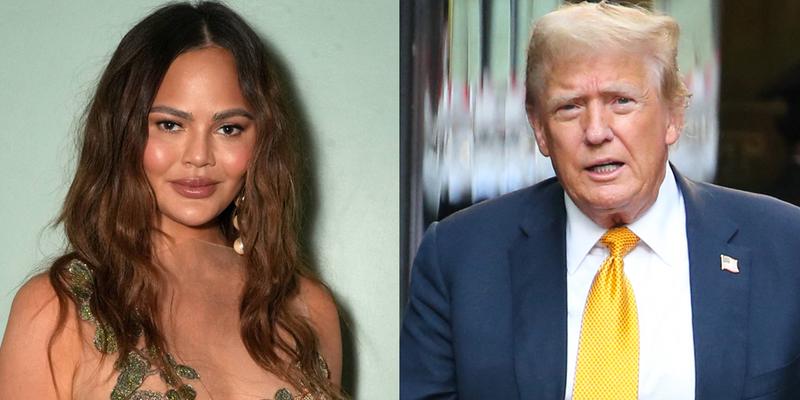 A collage of Chrissy Teigen posing on the red carpet and Donald Trump greeting the crowd at Trump Towers