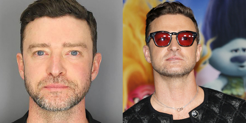 (L) Justin Timberlake mugshot. (R) Justin Timberlake at the Los Angeles premiere of 'Trolls Band Together'