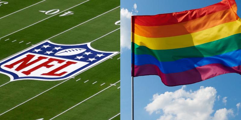 NFL logo on football field (left) Gay pride flag (right)