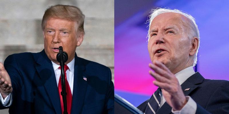 Donald Trump speaking (left) Joe Biden delivers speech (right)