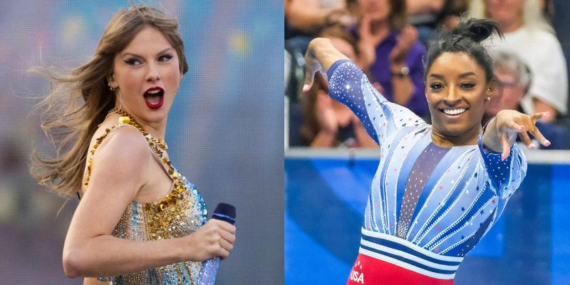 Taylor Swift performing (left) Simone Biles at the Olympics (right)