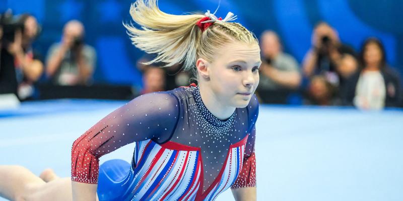 Jade Carey performing on floor at 2024 Olympic Trials