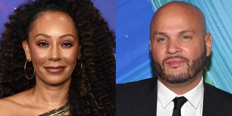 A collage of Mel B and Stephen Belafonte smiling on different read carpet events.