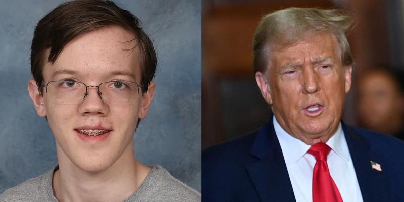 Thomas Matthew Crooks yearbook photo (left) Donald Trump in court (right)