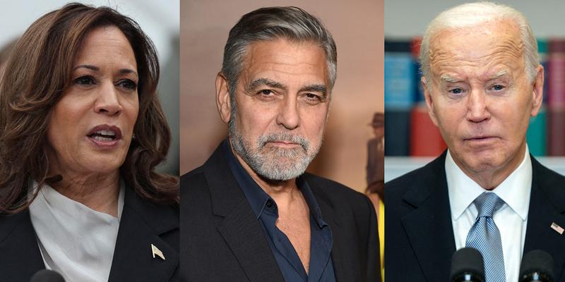 A collage of Kamala Harris with George Clooney and Joe Biden